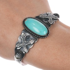 6.375" 40's-50's Fred Harvey Era sterling and turquoise arrows cuff bracelet