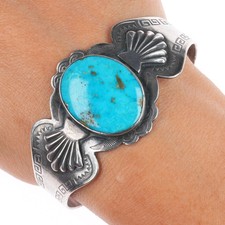 6.75" c1950 Vintage Fred Harvey type sterling silver turquoise cuff bracelet