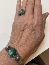 Vtg Fred Harvey Era Navajo Sterling Cuff Bracelet & Ring Green Turquoise Stone - Additional view 1