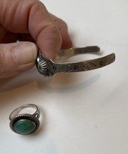Vtg Fred Harvey Era Navajo Sterling Cuff Bracelet & Ring Green Turquoise Stone - Additional view 3