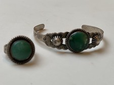Vtg Fred Harvey Era Navajo Sterling Cuff Bracelet & Ring Green Turquoise Stone - Additional view 5