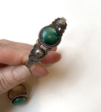 Vtg Fred Harvey Era Navajo Sterling Cuff Bracelet & Ring Green Turquoise Stone