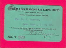 1910 FRED HARVEY EATING HOUSES _ LOW # 523 _ RAILWAY RWY RR RY RAILROAD PASS