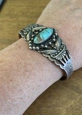 1940’s Fred Harvey Turquoise Stamped Cuff Bracelet - Additional view 4