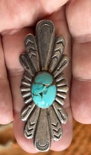 Vintage Navajo Old Pawn Sterling Silver Stamped Turquoise Brooch Fred Harvey Era - Additional view 2