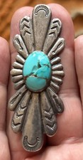 Vintage Navajo Old Pawn Sterling Silver Stamped Turquoise Brooch Fred Harvey Era