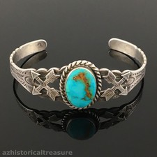 FRED HARVEY ERA STERLING SILVER & NATURAL TURQUOISE TOURIST CUFF BRACELET - Additional view 5