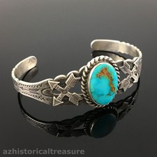 FRED HARVEY ERA STERLING SILVER & NATURAL TURQUOISE TOURIST CUFF BRACELET - Additional view 6