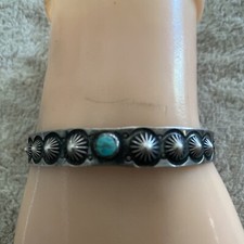 OLD Fred Harvey Era Navajo Sterling Silver Turquoise Reverse Punch Row Bracelet - Additional view 1