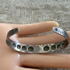 OLD Fred Harvey Era Navajo Sterling Silver Turquoise Reverse Punch Row Bracelet - Additional view 12