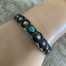 OLD Fred Harvey Era Navajo Sterling Silver Turquoise Reverse Punch Row Bracelet