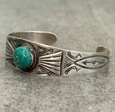Vintage Fred Harvey Era Navajo Turquoise arrow Coin silver Bracelet 7 G2U - Additional view 3