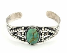 Vintage Fred Harvey Era Navajo Heavy Stamped Sterling Turquoise Cuff Bracelet  - Additional view 1