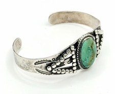 Vintage Fred Harvey Era Navajo Heavy Stamped Sterling Turquoise Cuff Bracelet  - Additional view 3
