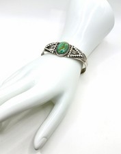 Vintage Fred Harvey Era Navajo Heavy Stamped Sterling Turquoise Cuff Bracelet  - Additional view 4