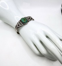 Vintage Fred Harvey Era Navajo Heavy Stamped Sterling Turquoise Cuff Bracelet  - Additional view 5