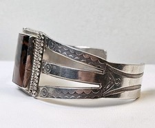 Vintage Sterling Silver Fred Harvey Era Petrified Wood Cuff Bracelet Navajo 6.25 - Additional view 3