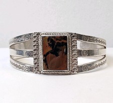 Vintage Sterling Silver Fred Harvey Era Petrified Wood Cuff Bracelet Navajo 6.25
