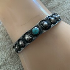 OLD Fred Harvey Era Navajo Sterling Silver Turquoise Reverse Punch Row Bracelet - Additional view 2