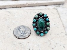 Vintage Fred Harvey Era Navajo Sterling Green Turquoise Cluster Ring New Band! - Additional view 2