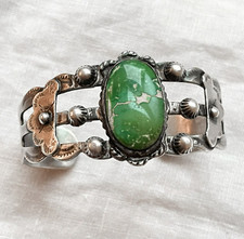 Vintage Fred Harvey Era Stamped Silver Turquoise Cuff Bracelet, 31.3 Grams - Additional view 1