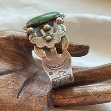 Vintage Fred Harvey Era Stamped Silver Turquoise Cuff Bracelet, 31.3 Grams - Additional view 7