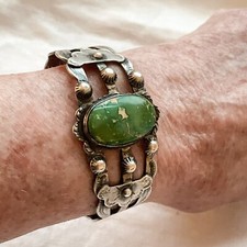 Vintage Fred Harvey Era Stamped Silver Turquoise Cuff Bracelet, 31.3 Grams - Additional view 9