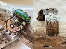 Vintage Fred Harvey Era Stamped Silver Turquoise Cuff Bracelet, 31.3 Grams