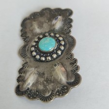 Vintage Fred Harvey Era Sterling Turquoise Tooled Pin - Additional view 2