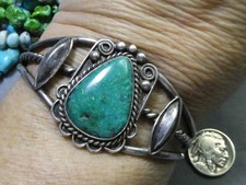 Fred Harvey Era NAVAJO Natural CARICO LAKE TURQUOISE Coin Silver Cuff Bracelet - Additional view 1