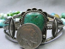 Fred Harvey Era NAVAJO Natural CARICO LAKE TURQUOISE Coin Silver Cuff Bracelet - Additional view 2