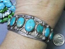 Fred Harvey Era NAVAJO Natural BLUE GEM TURQUOISE Coin Silver 63g Cuff Bracelet - Additional view 1