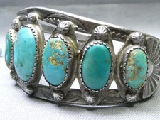 Fred Harvey Era NAVAJO Natural BLUE GEM TURQUOISE Coin Silver 63g Cuff Bracelet - Additional view 4