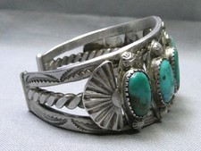 Fred Harvey Era NAVAJO Natural BLUE GEM TURQUOISE Coin Silver 63g Cuff Bracelet - Additional view 6