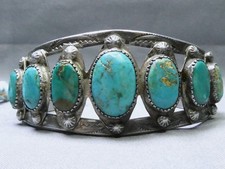 Fred Harvey Era NAVAJO Natural BLUE GEM TURQUOISE Coin Silver 63g Cuff Bracelet