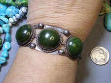 Fred Harvey Era NAVAJO Green TURQUOISE Stamped Coin Silver 40g Cuff Bracelet - Additional view 1