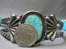 Fred Harvey Era NAVAJO Natural TURQUOISE Mountain TURQUOISE Coin Silver 40g CUFF - Additional view 2