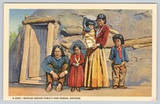 Postcard Fred Harvey Navajo Native American Indian Family Hogan Arizona AZ Linen
