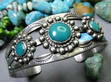 Fred Harvey Era NAVAJO Natural Nevada TURQUOISE Coin Silver MANY MOONS Bracelet