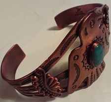 VTG Turquoise & Copper Thunderbird Fred Harvey Style Stamped Cuff Bracelet Bell - Additional view 1