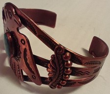 VTG Turquoise & Copper Thunderbird Fred Harvey Style Stamped Cuff Bracelet Bell - Additional view 2
