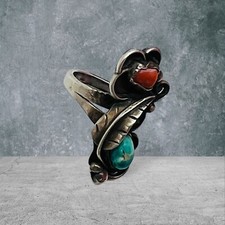 Old Pawn Sterling Silver Native American Fred Harvey Turquoise Coral Ring Size 7 - Additional view 1