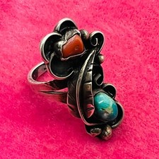 Old Pawn Sterling Silver Native American Fred Harvey Turquoise Coral Ring Size 7 - Additional view 2