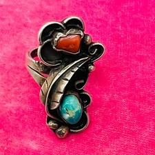Old Pawn Sterling Silver Native American Fred Harvey Turquoise Coral Ring Size 7 - Additional view 13