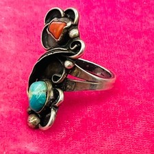 Old Pawn Sterling Silver Native American Fred Harvey Turquoise Coral Ring Size 7 - Additional view 14