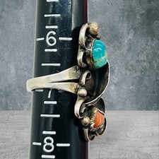 Old Pawn Sterling Silver Native American Fred Harvey Turquoise Coral Ring Size 7 - Additional view 17