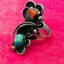 Old Pawn Sterling Silver Native American Fred Harvey Turquoise Coral Ring Size 7 - Additional view 3