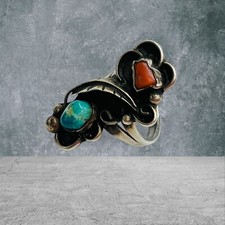 Old Pawn Sterling Silver Native American Fred Harvey Turquoise Coral Ring Size 7 - Additional view 4