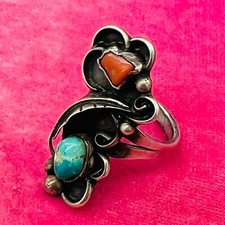 Old Pawn Sterling Silver Native American Fred Harvey Turquoise Coral Ring Size 7 - Additional view 5