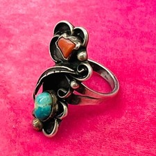 Old Pawn Sterling Silver Native American Fred Harvey Turquoise Coral Ring Size 7 - Additional view 6